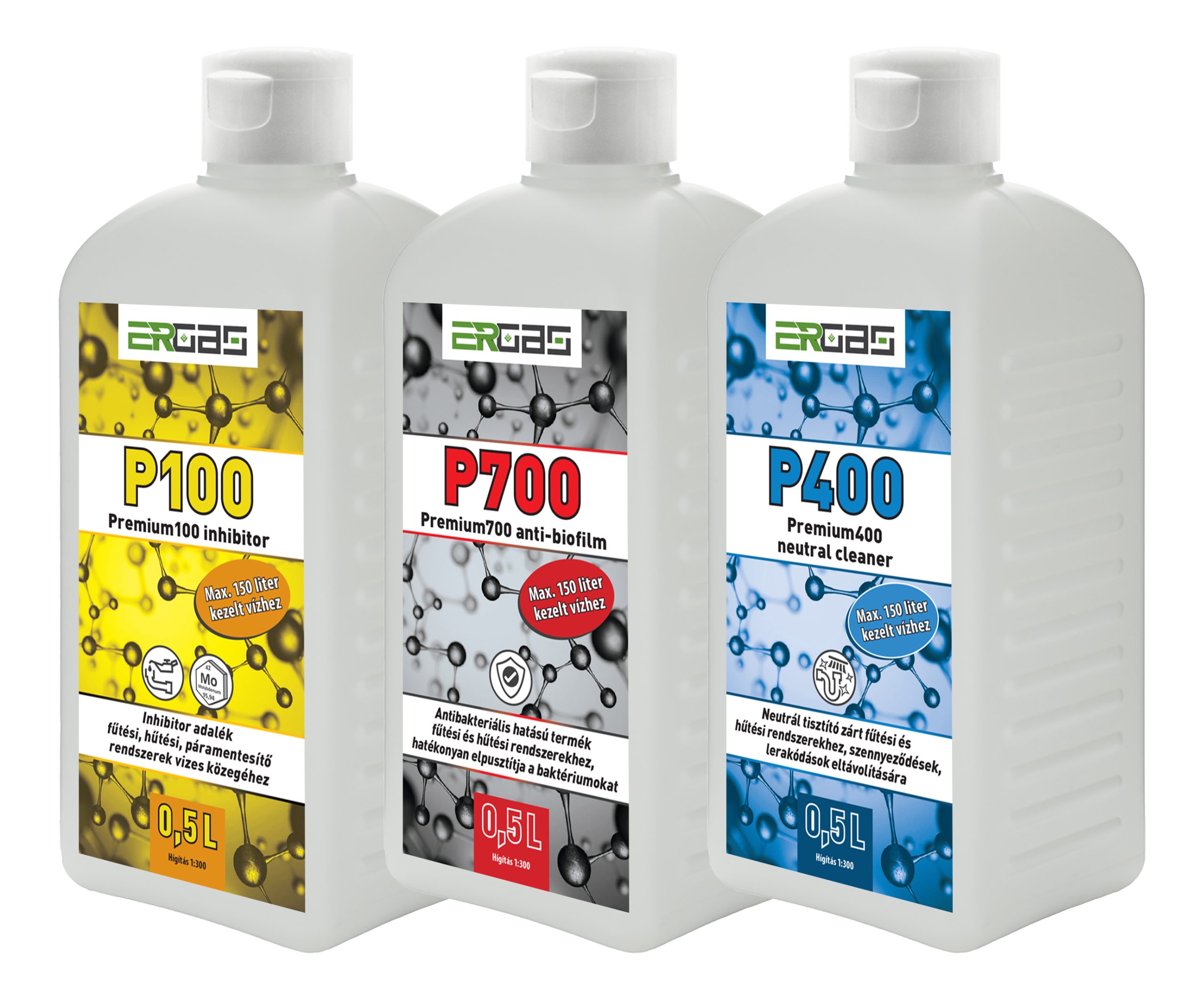 ERGAS TRI-0,5 Triprotect KIT hármas hatású fűtővíz adalék csomag maximum 150 liter sótalanított vízhez (3 x 0,5 liter)